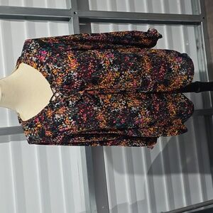Pioneer Woman Multicolor Floral Lace Up Blouse Size Large Orange Pink Blue Black